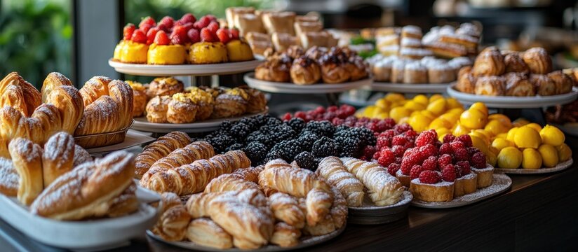 Delicious pastries and fruit arranged on platters for a catered event.