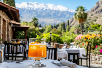 Close-Up Of A Pisco Sour Cocktail, The National Drink Of Chile, Garnished With A Dash Of Bitters, With A Scenic Backdrop Of The Andes Mountains