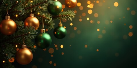 Festive Christmas ornaments hanging from a pine branch, creating a warm and cozy holiday atmosphere with soft bokeh lights in the background.