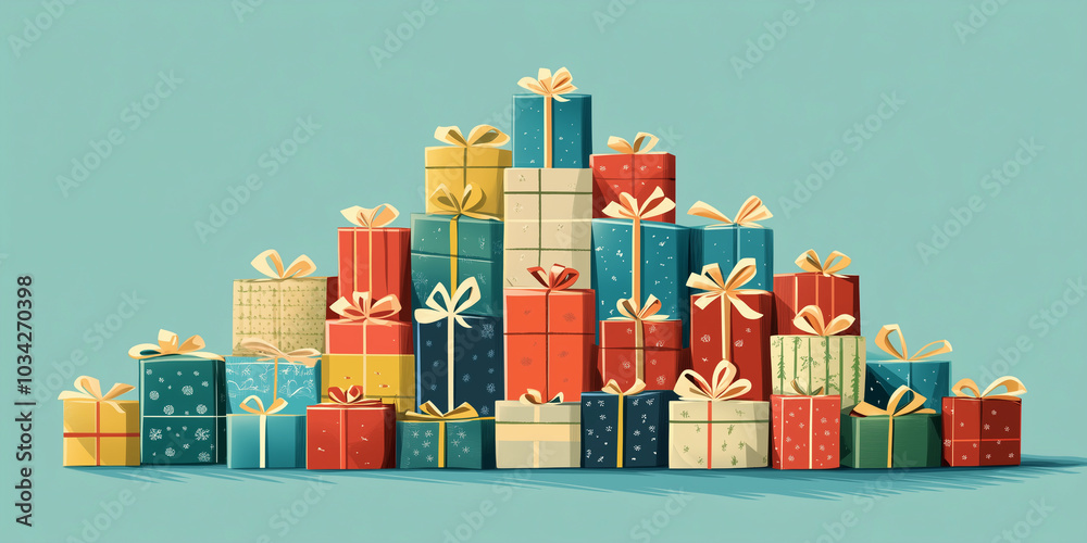 Wall mural Series of wrapped gift boxes arranged in a pyramid for a decorative holiday display, illustration art