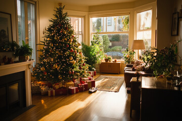 Fototapeta premium Family Gathered Around A Beautifully Decorated Christmas Tree, With Gifts Opened And Wrapping Paper Scattered On The Floor, Radiating Warmth And Joy