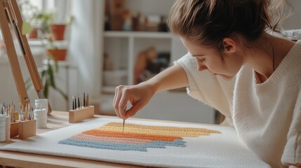 A woman creating a colorful art piece with a needle and yarn in a cozy indoor studio filled with plants and natural light