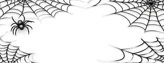 A minimalist black and white Halloween backdrop featuring intricate cobwebs and a tiny model spider