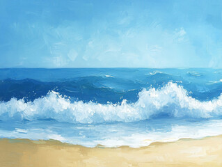Fototapeta premium Horizontal View Of Gentle Waves Rolling Onto A Sandy Beach, Painted In Shades Of Blue That Transition From Cobalt To Azure, Ideal For A Relaxed Coastal Theme