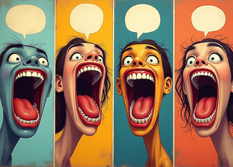 Four mouths express different emotions in a collage showcasing human feelings visually in a colorful vertical poster with speech bubbles.