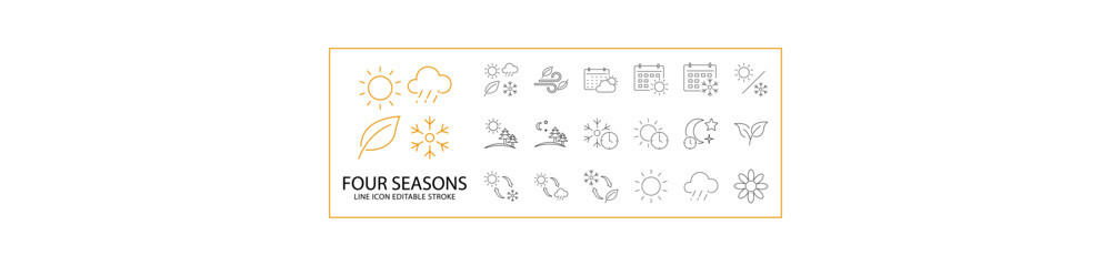 Four Season Icons In Line Style. Containing summer, leaf, winter, weather, nature, autumn, spring, sun, etc. Icon Set. Vector Illustration. Editable Stroke.
