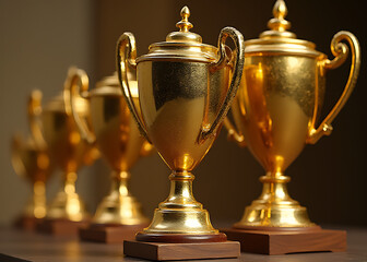 Fototapeta premium Golden trophies symbolize success and overcoming challenges in contemporary art and business achievements.