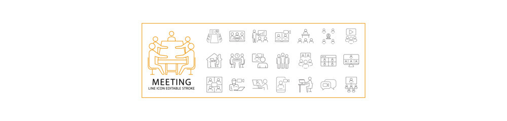 Meeting Icons. Set icon about meeting. line Icons related to meeting. Icon Set. Vector Illustration. Editable Stroke.