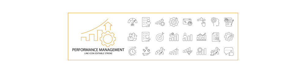 Performance Management icons. Icon set about performance management. Line icons related to project management. Icon Set. vector Illustration. Editable Stroke.