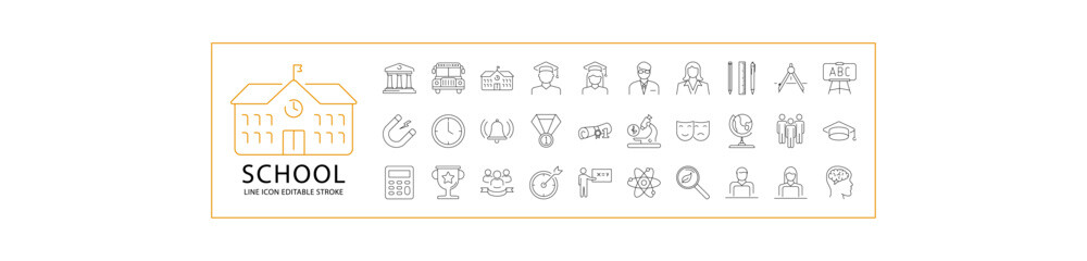 School Icons. Set Icon about school. Line icons related to school. Icon Set. Vector illustration. Editable Stroke.