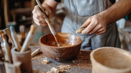 A skilled artisan crafts a wooden bowl in a rustic workshop surrounded by various tools during a bright afternoon