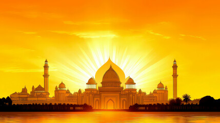 Independence Day of Brunei Darussalam celebration. Horizontal banner. Copy space. Sultan Omar Ali Saifuddin Mosque at sunset. Brunei National Celebration Card. Flat illustration