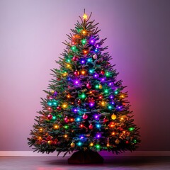 Obraz premium Christmas tree with vibrant LED lights, glowing ornaments, holiday energy
