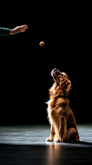 A golden retriever anticipating a treat capturing the joy of playfulness in a dramatic lighting scene with a human hand and a floating biscuit
