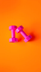 pink dumbbells on an orange background. 3d render isolated with white highlights, png