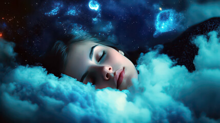 World Sleep Day. Young beautiful woman sleeping among white soft clouds on starry sky background. Rest and relax. Horizontal banner. Awareness about importance of sleep and insomnia problem