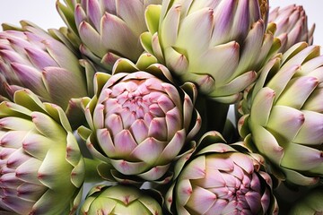 Obraz premium Close-up of fully blossomed artichokes showing detailed textures and colors, with the focus on the delicate, spiky tips of the petals against a plain white backdrop