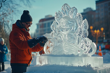 Artisans skillfully carving intricate ice sculptures at winter festival