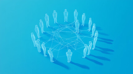 Blue background and white silutthes of peoples and network of web representing the connection flow in digital wolrd