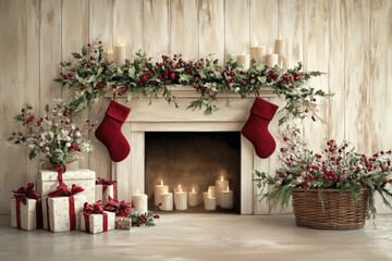 Wallpaper Featuring A Rustic Fireplace Decorated With Stockings And Natural Garlands, With Flickering Candlelight And A Basket Of Wrapped Gifts Nearby, Creating A Warm Holiday Atmosphere.