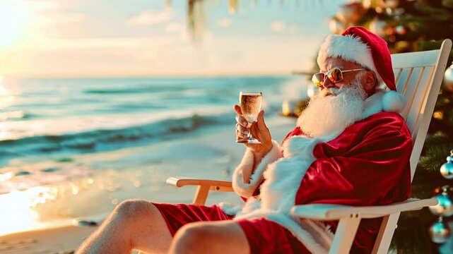 Santa Claus having a vacation on the beach: Christmas vacation, tourism and travel concept with Christmas Holiday. Merry Christmas 4k video