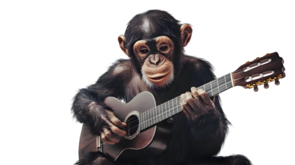 Chimpanzee Monkey Playing Guitar, Photo Realistic, on Transparent Background PNG, Pattern Background, Wallpaper, Cover and Screen of Smartphone, PC, Laptop, Transparent PNG