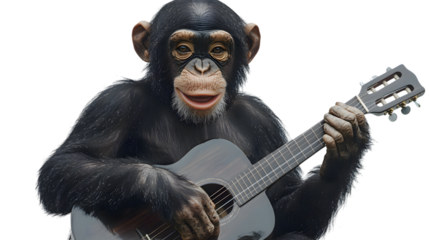 Chimpanzee Monkey Playing Guitar, Photo Realistic, on Transparent Background PNG, Pattern Background, Wallpaper, Cover and Screen of Smartphone, PC, Laptop, Transparent PNG