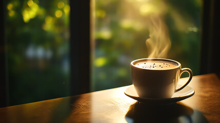 Fototapeta premium A serene morning moment enjoying a freshly brewed cup of coffee with steam rising in a cozy setting surrounded by nature's beauty