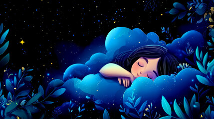 World Sleep Day. Young woman sleeping among blue soft clouds on a dark background. Horizontal banner. Copy space. Flat illustration. Awareness about importance of sleep and insomnia problem