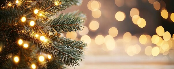 Obraz premium Pine tree with bright yellow lights, warm tones, holiday charm