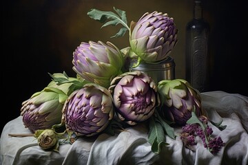 Fototapeta premium Fresh, blooming artichokes with rich, green and purple tones, highlighting the contrast between the blooming petals and the clean white space