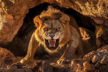 Aggressive lion in a stone cave. 