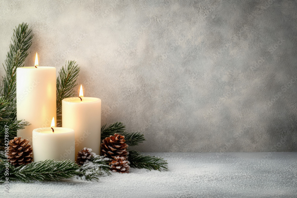 Sticker White Christmas Candles Of Varying Heights, Surrounded By Fresh Pine Branches And Soft White Snowfall, Creating A Peaceful Holiday Ambiance