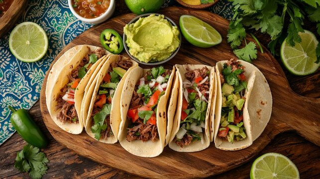 Vibrant Fiesta Close-Up of Delicious Taco Spread on Rustic Wooden Board with Fresh Ingredients - Festive Mexican Dining Concept