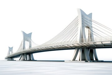 Fototapeta premium Side view of a modern suspension bridge featuring curved towers and elegant cable patterns, isolated on a clean white background