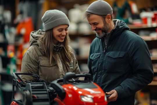 Customers explore outdoor equipment at a local hardware store