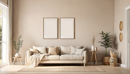 Modern Villa Mock Up Frame in Home Interior, Scandi-boho Beige Neutral Syle