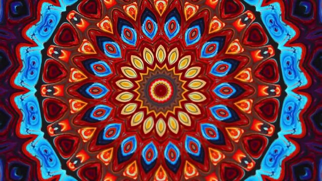Abstract colorful mandala with symmetrical patterns in red, blue, and orange.