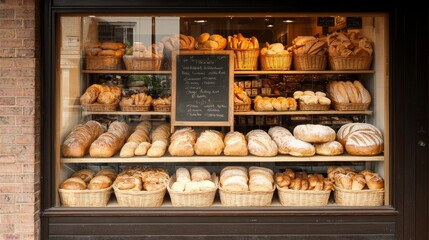 Artisan Bakery Showcase Closeup of Freshly Baked Bread and Pastries in Symmetrical Display, Warm Rustic Tones and Homely Atmosphere