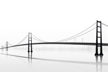 Suspension bridge silhouette with cables and towers, emphasizing the clean lines and engineering elegance, isolated on white background.
