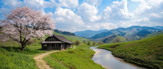 Fototapeta premium Tranquil Countryside Retreat Serene Wooden House by Winding River in Lush Green Hills under Blue Sky - Peaceful Nature Escape