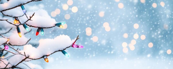 Snow-covered tree with colorful sparkle lights, magical winter wonderland