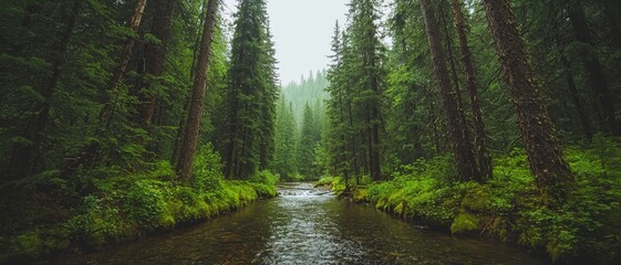 Obraz premium Serene Forest Stream Landscape Peaceful Flow in Enchanted Woods - Tranquil Nature Scene, Lush Greenery, Reflections of Trees and Mist - Calm and Serene Woodland Escape