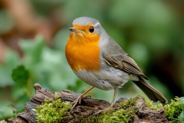 Fototapeta premium Enchanting Close-Up of European Robin on Mossy Log in Natural Setting - Captivating Wildlife Portrait in Calm Serene Environment