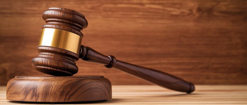 Elegant Wooden Gavel with Gold Accents on Block, Legal Concept in Warm Atmosphere