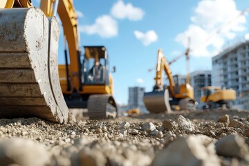 Fototapeta premium Construction site with heavy machinery and equipment, clear blue sky.