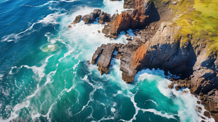 Obraz premium Aerial view of rugged cliffs meeting a turbulent ocean, dramatic coastal landscape with foamy waves