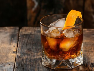 Luxurious Whiskey on the Rocks with Orange Peel Garnish, Closeup on Wooden Surface - Sophisticated Spirits and Cocktail Concept
