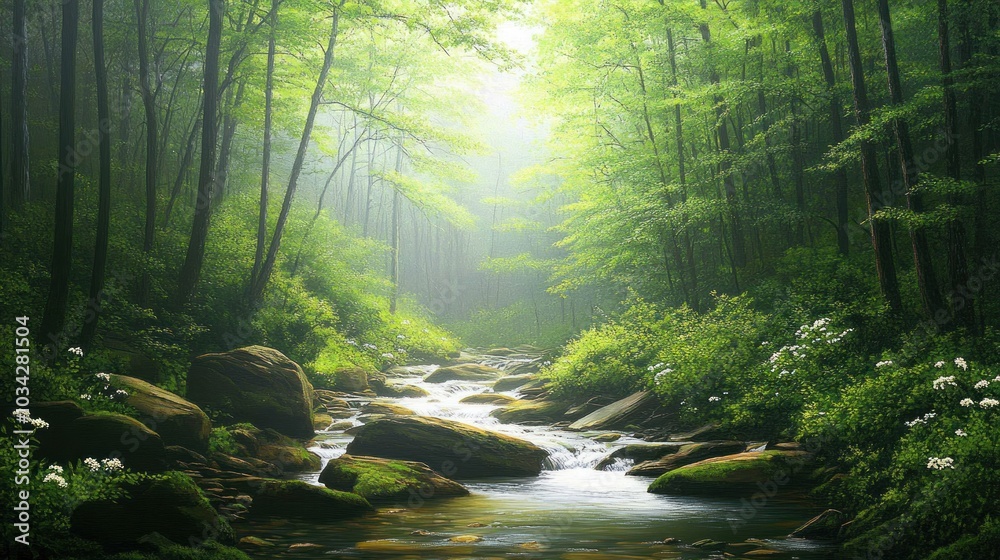 Poster tranquil stream flowing through a misty forest