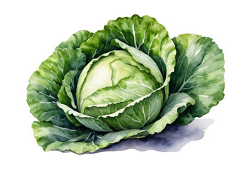 Fototapeta premium Watercolor illustration of fresh cabbage isolated on a transparent background. Healthy food, cooking and lifestyle. Botanical image for card, poster, textile, menu, kitchen, book. 